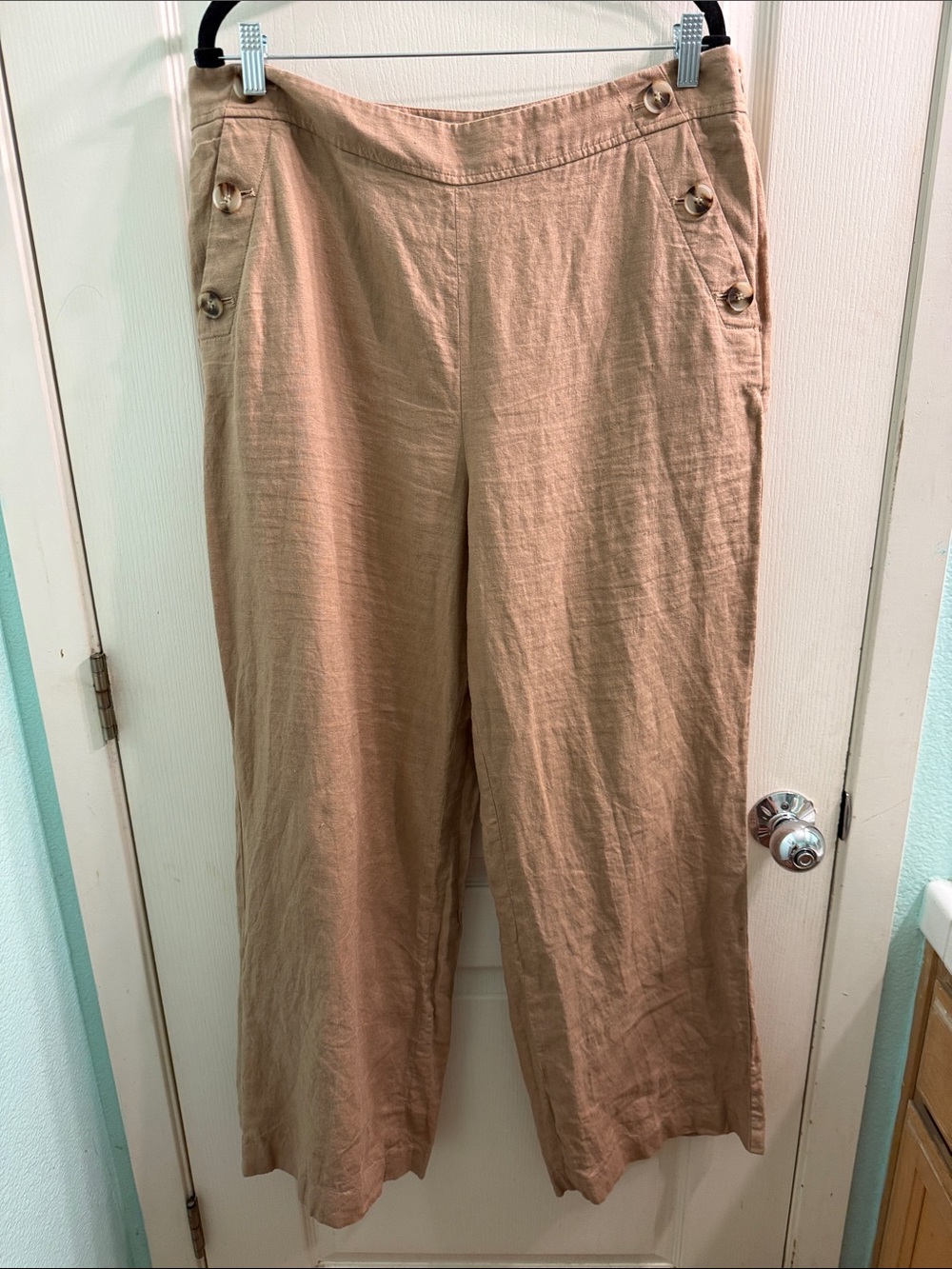 Talbots Beige-Tan Wide Leg Linen Pants with Side Button Accents